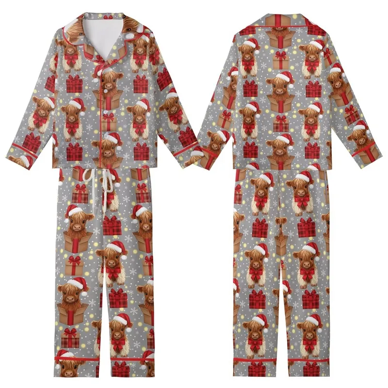 Fluffy Highland Calves: Red Santa Hats, Kraft Gift Boxes, Falling Snowflakes, Golden Bokeh Lights Kid Satin Pajamas Set - 1