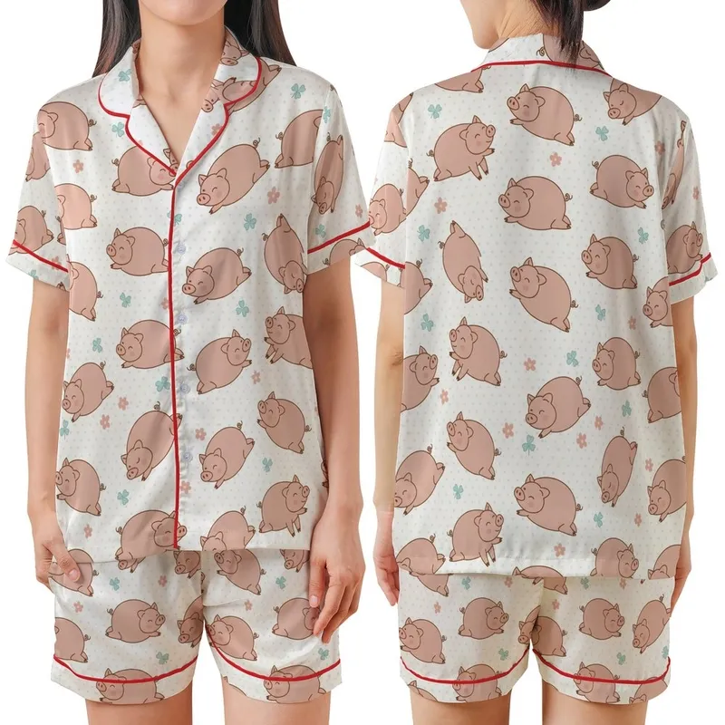 Charming Pig Lover's: Desaturated Pink Piglets, Mint Clover & Pastel Dot Wearable Design Satin Short-Sleeve Pajamas Set - 1