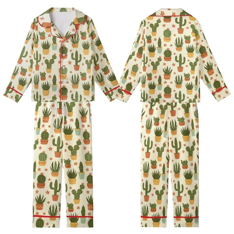 Nature Lover's Stylized Potted Cacti & Succulent Motif with Muted Orange Flowers Kid Satin Pajamas Set - pjbN5srS36