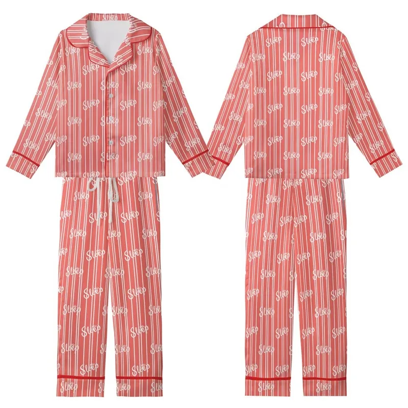 Cozy Dreamer's Whimsical Sleep Script Coral Pink Striped Pattern with Eyelash E Kid Satin Pajamas Set - 1