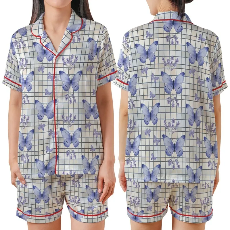Elegant Periwinkle Lavender Butterfly & Soft Floral Muted Grid Pattern Satin Short-Sleeve Pajamas Set - SkI8mlCKrM