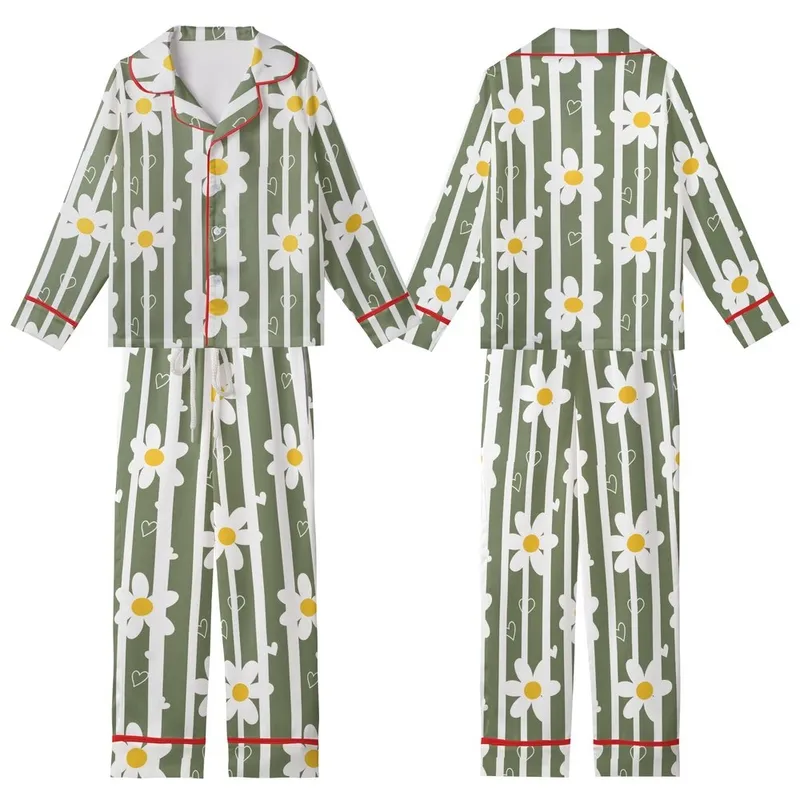 Nature Lover's Muted Olive Green Vertical Stripe Daisy Heart Kid Satin Pajamas Set - 1