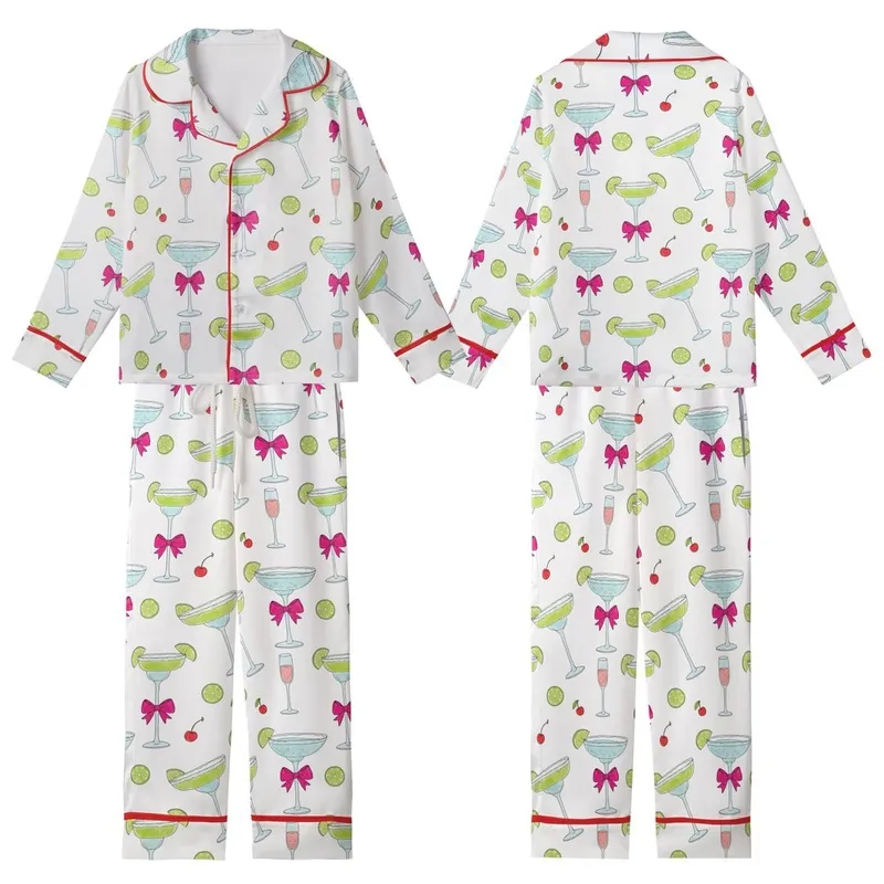 Cocktail Lover's Whimsical Martini Margarita Fuchsia Pink Lime Green Glasses Wearable Art Kid Satin Pajamas Set - Z14Db-wotp