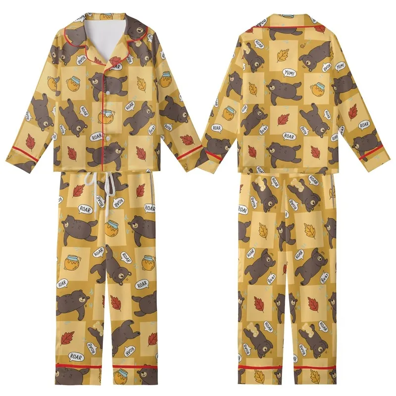 Playful Bear Enthusiast Cartoon Bears, Honey Jars, Autumn Leaves Golden Sepia Checkerboard Pattern Kid Satin Pajamas Set - _dueXbrLS2