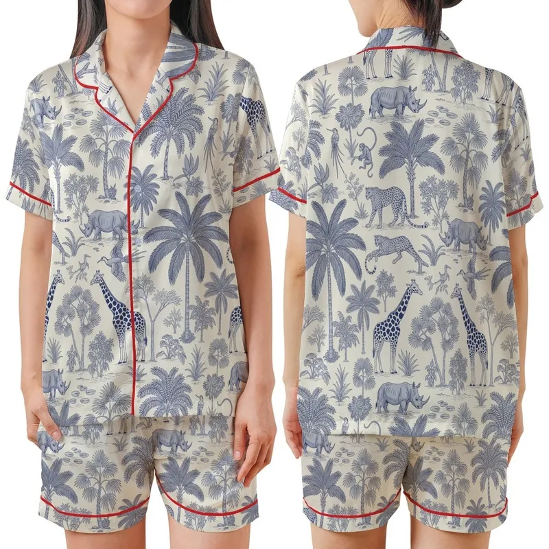 Safari Lover's Indigo Toile Safari: Lounging Leopards, Giraffes & Monkey Palm Jungle Satin Short-Sleeve Pajamas Set - 1