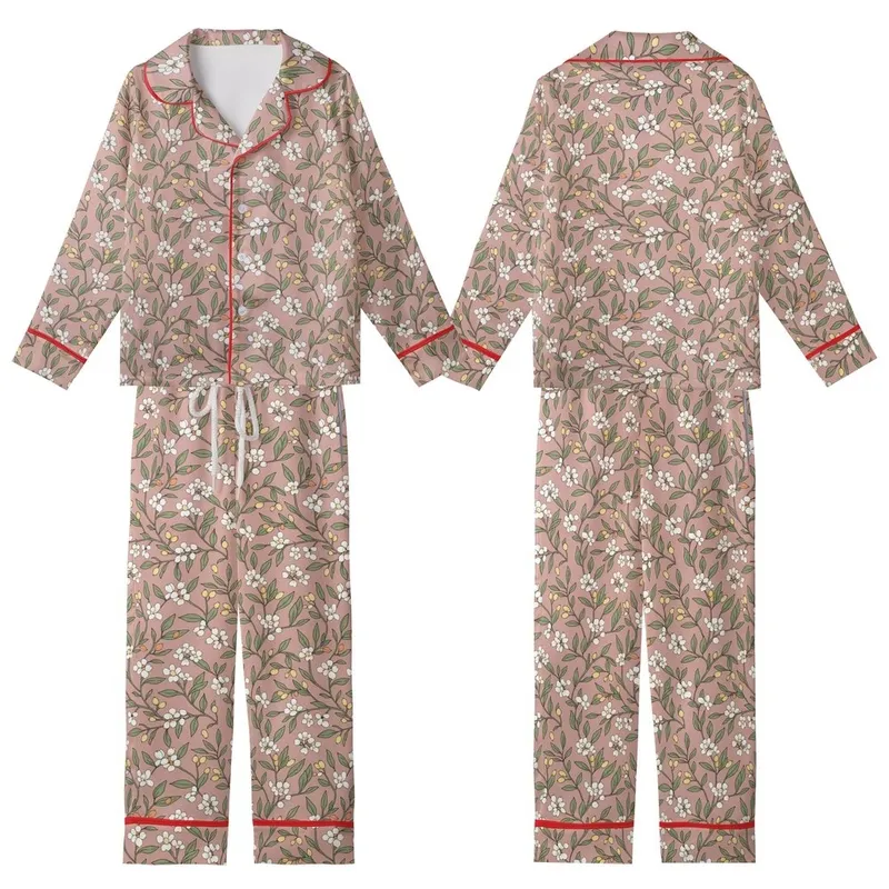 Botanical Enthusiast's Vintage Olive Leaf, Cream Flower & Berry Motif on Dusty Rose Kid Satin Pajamas Set - tcZ9CrkxBR