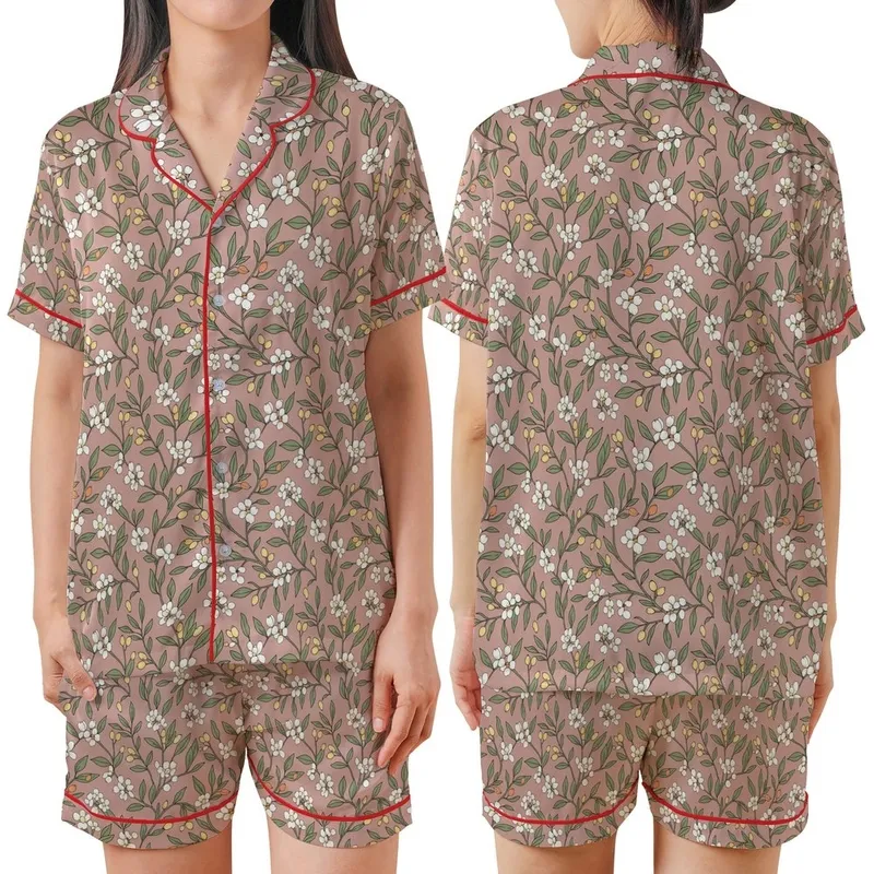 Botanical Enthusiast's Vintage Olive Leaf, Cream Flower & Berry Motif on Dusty Rose Satin Short-Sleeve Pajamas Set - LMGdbksePv