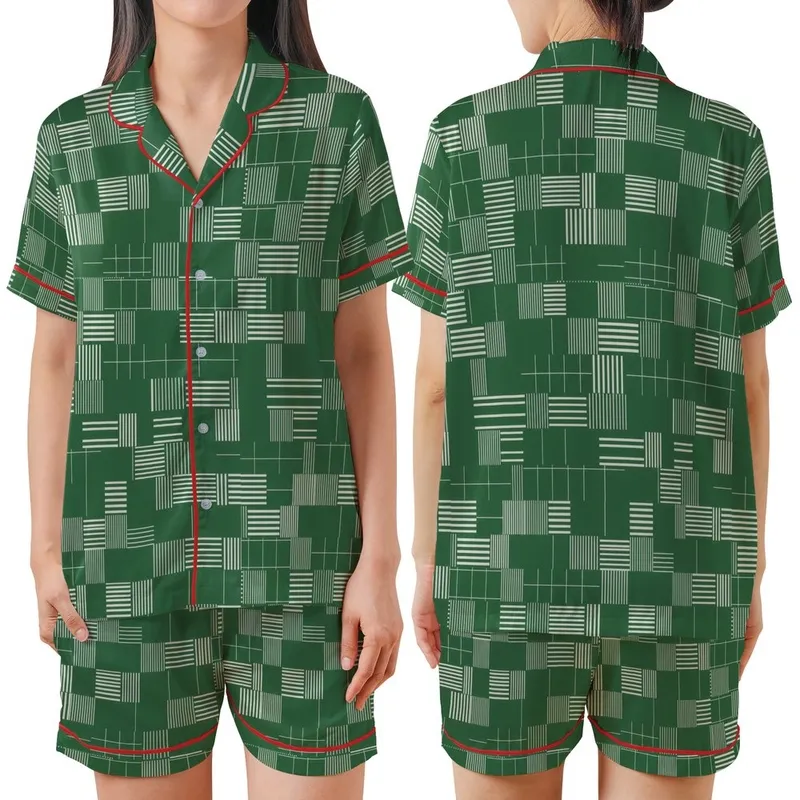Modern Classic Style Deep Forest Green Geometric Tessellation Garment: White Stripes, Windowpane Grid Satin Short-Sleeve Pajamas Set - 1