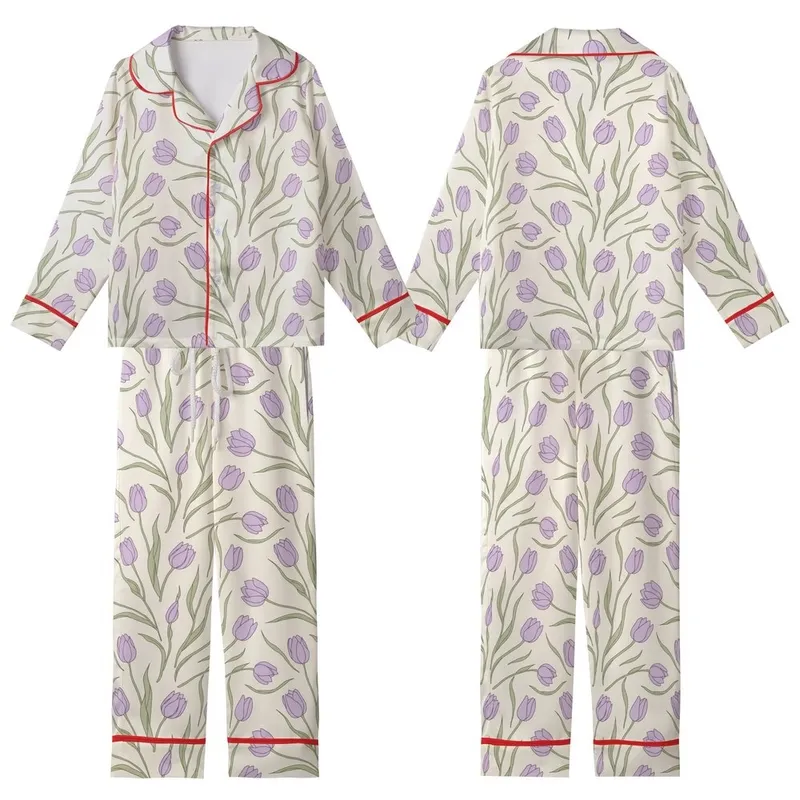 Lavender Purple Tulips Olive Green Leaves Botanical Pattern on Cream Kid Satin Pajamas Set - 1