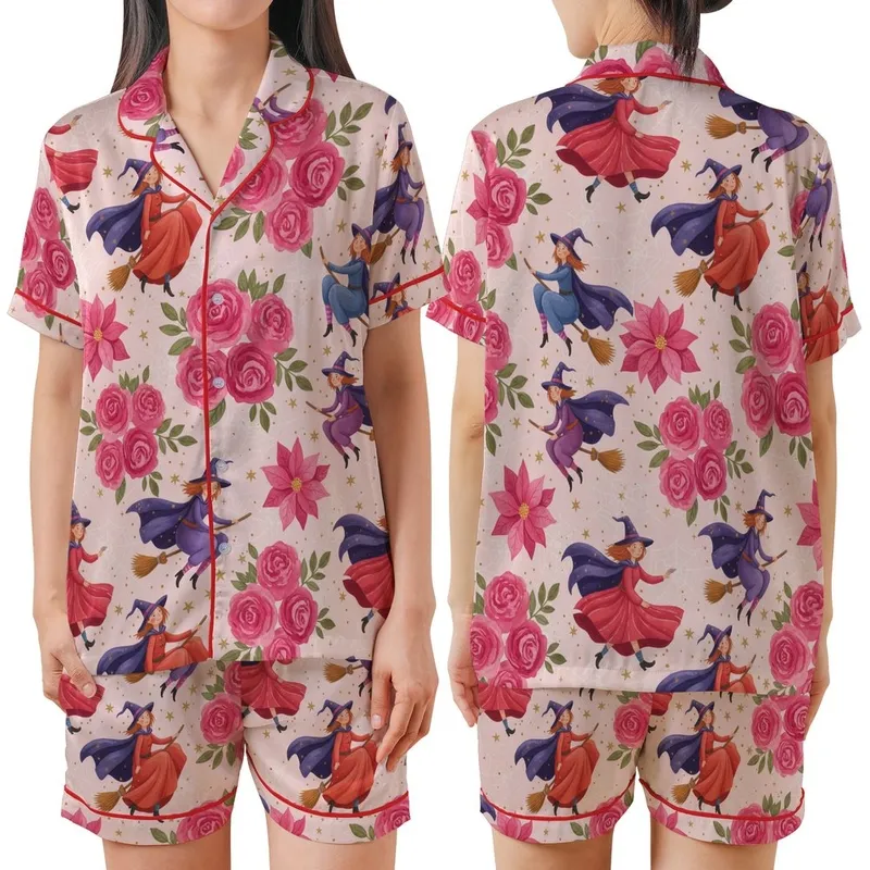 Whimsical Witch Story: Hand-drawn Cartoon Witches, Fuchsia Roses & Gold Stars on Pink Design Satin Short-Sleeve Pajamas Set - 1