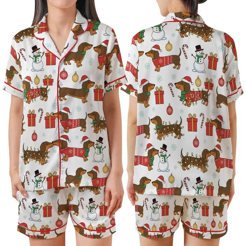 Dachshund Lover's Holiday Loungewear: Whimsical Dogs, Santa Hats, Lights, Gifts & Snowmen Pattern Satin Short-Sleeve Pajamas Set - 1