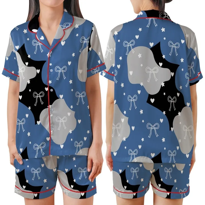 Delicate Bows & Hearts: Minimalist Star Pattern - Blue Gray Black Design Satin Short-Sleeve Pajamas Set - 1