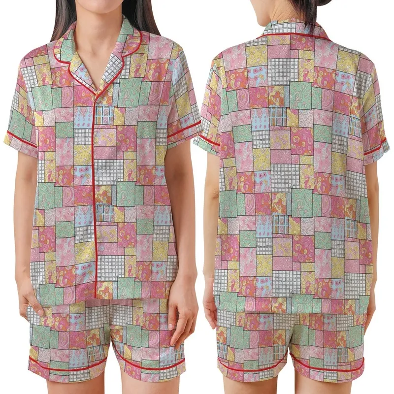 Pastel Dreamer's Patchwork: Intricate Paisley Floral Mosaic - Cheerful Wearable Art Satin Short-Sleeve Pajamas Set - Bhr4QBBk1h