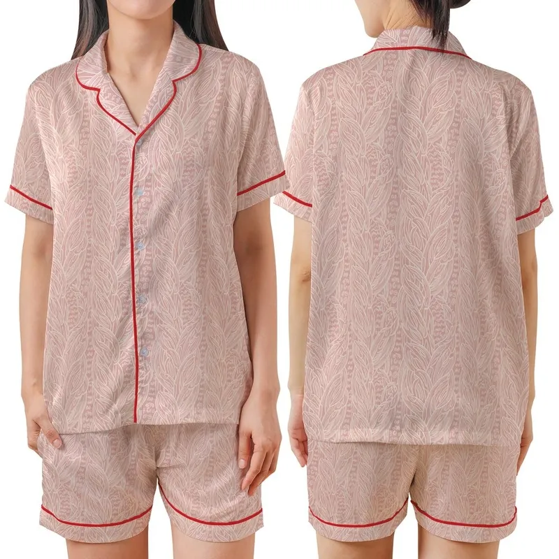 Cozy Knitwear Inspired: Rose Pink Cable & Braid with Off-White Details Wearable Design Satin Short-Sleeve Pajamas Set - 1