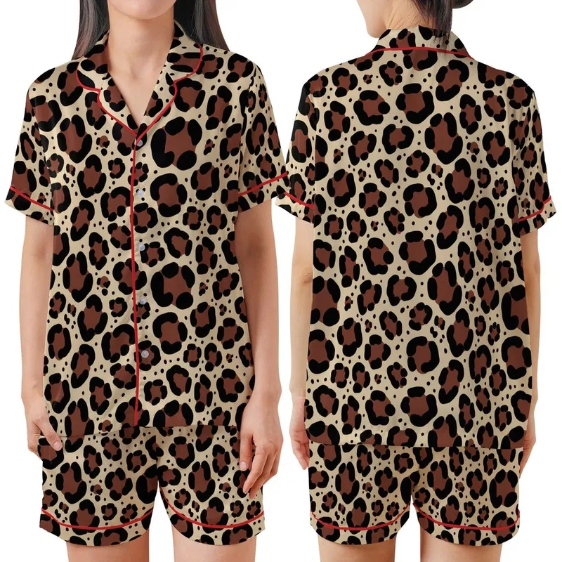 Safari Chic: Dense Organic Leopard Spots, Reddish-Brown, Black Outlines & Speckles, Beige Satin Short-Sleeve Pajamas Set - 1