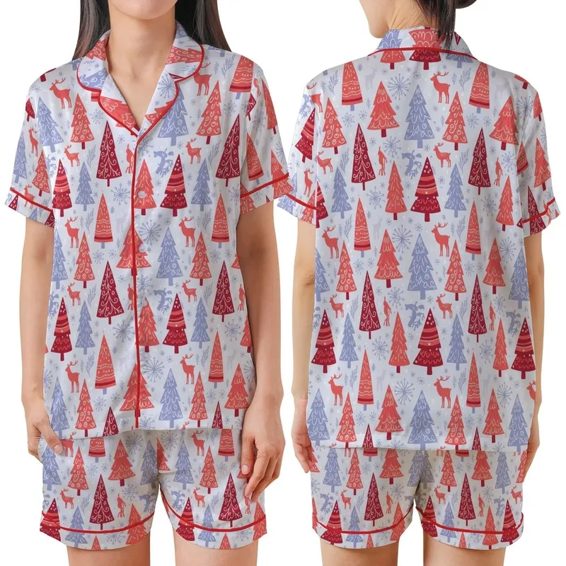 Folk Art Christmas Forest: Coral Red Periwinkle Hand-Drawn Deer & Snowflakes Satin Short-Sleeve Pajamas Set - 1