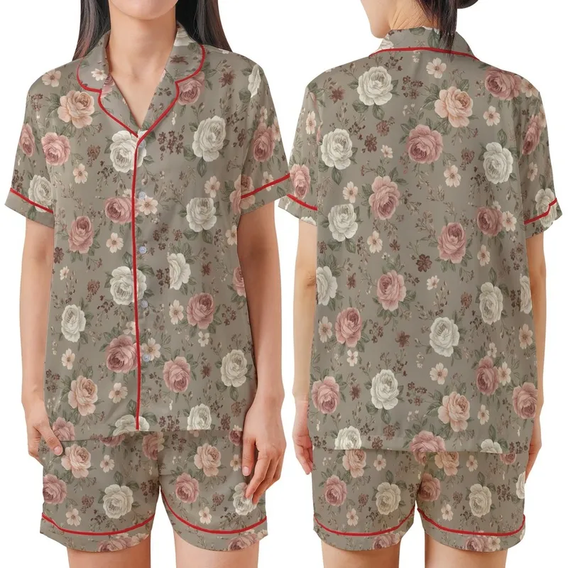 Vintage Floral Enthusiast: Painterly Greige Rose & Wildflower Art Motif Satin Short-Sleeve Pajamas Set - 1