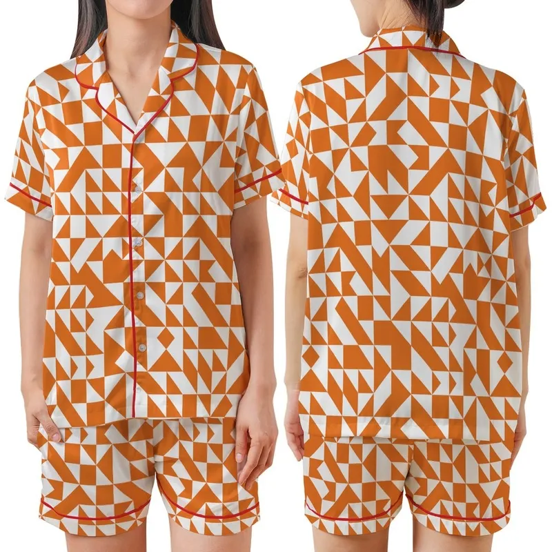 Dynamic Fragmented Geometric Mosaic: Orange White Interlocking Shapes Satin Short-Sleeve Pajamas Set - 1