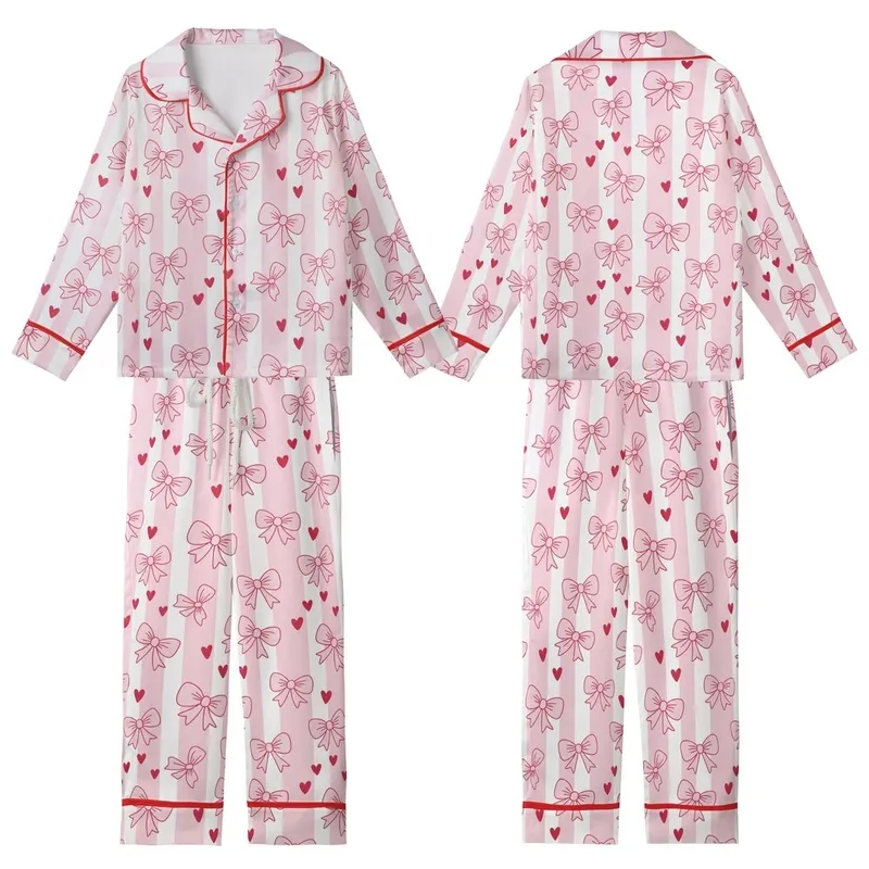 Sweethearts' Pink & White Stripe Bows & Hearts Fuchsia Accented Wearable Kid Satin Pajamas Set - czx8LcWjwV