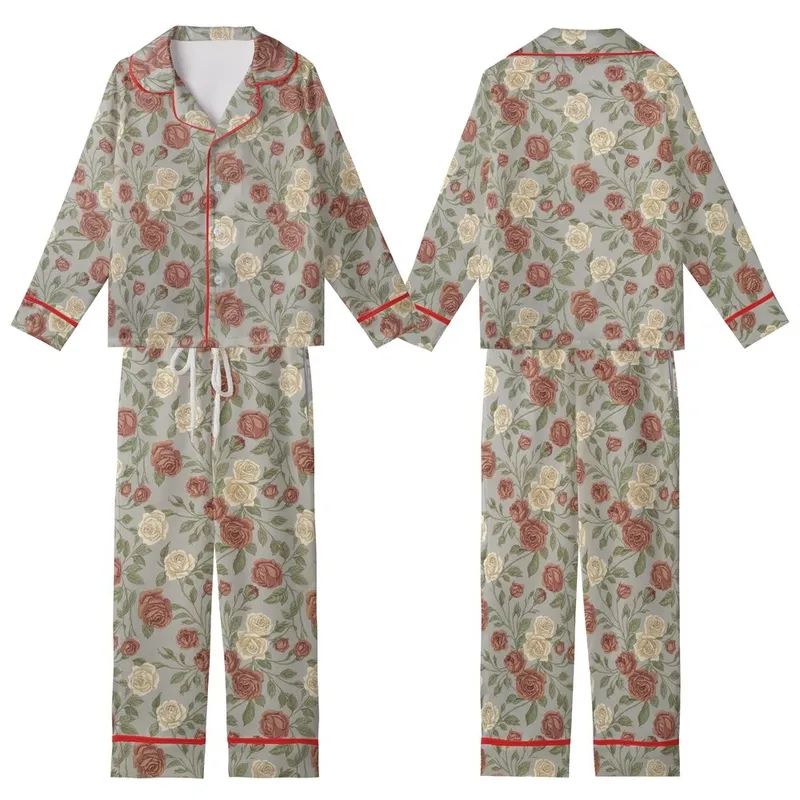 Rose Lover's Muted Greige Dusty Rose Botanical Blooming Floral Design Kid Satin Pajamas Set - BJiQBOjhhm