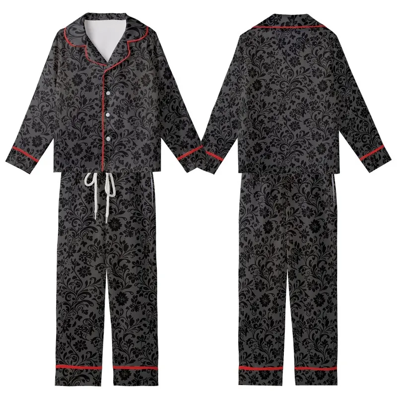Nature-Inspired Black Silhouette Organic Pattern: Dark Charcoal Floral Foliage Design Kid Satin Pajamas Set - 1