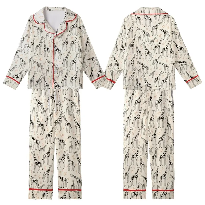 Giraffe Lover's Hand-Drawn Adult & Baby Giraffes Dynamic Off-White Burnt Orange Signature Pattern Kid Satin Pajamas Set - 1