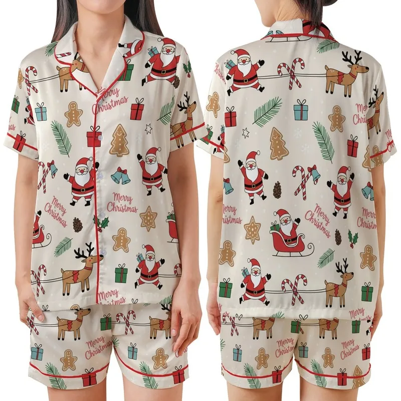 Family Holiday Fun: Whimsical Santa Gingerbread Pinecone Pattern - Festive Season Wearable Satin Short-Sleeve Pajamas Set - 1