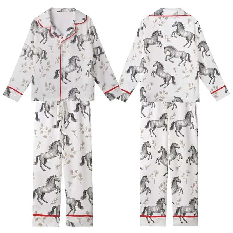 Equestrian Dream: Dynamic Etched Horses & Calla Lily Botanical Art Piece Kid Satin Pajamas Set - 1