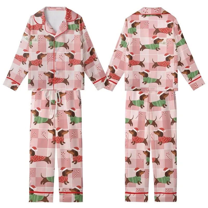 Dachshund Lover's Whimsical Christmas Dogs: Pink Gingham Festive Holiday Loungewear Kid Satin Pajamas Set - 1