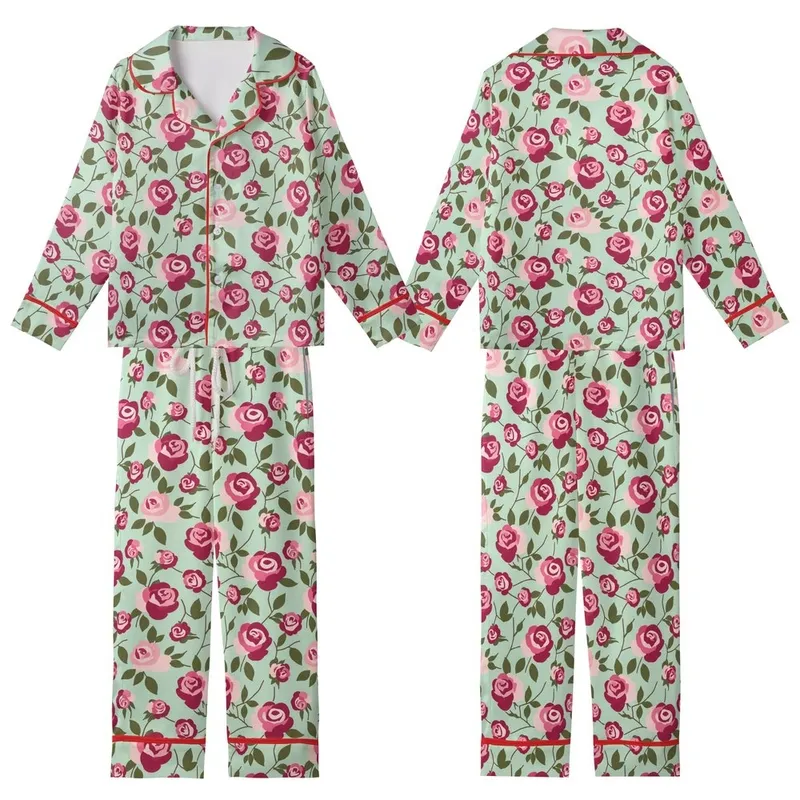Women's Romantic Rose Garden: Pale Pink & Crimson Blooms with Olive Leaves on Light Mint Kid Satin Pajamas Set - 1