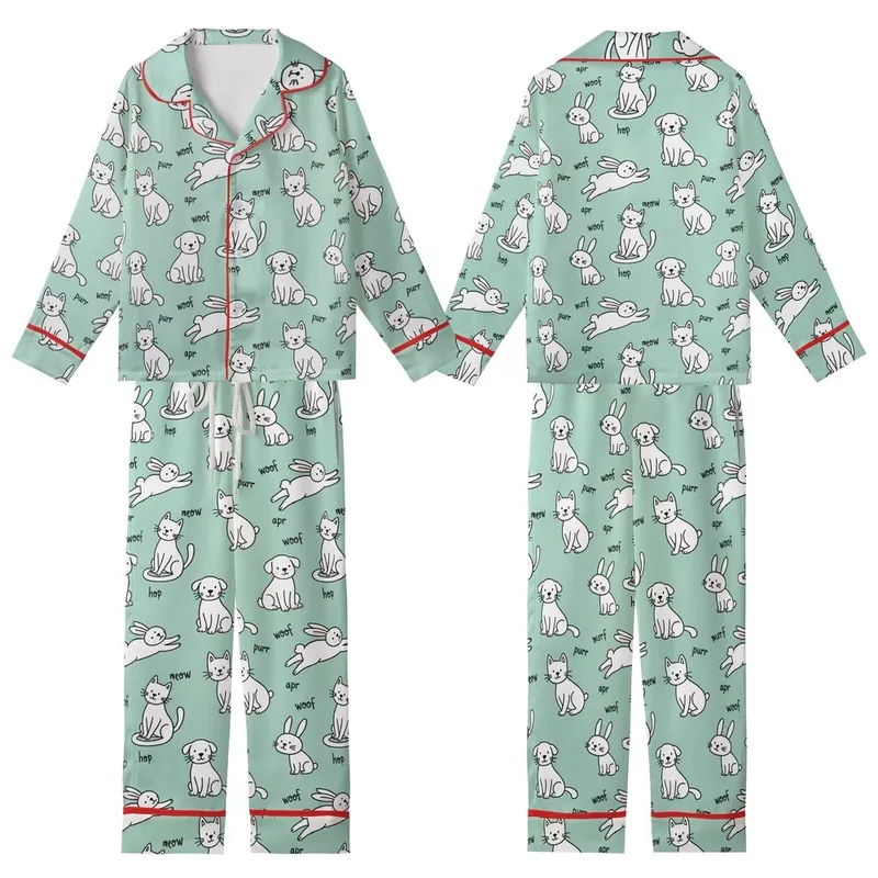 Pet Lover's Whimsical Hand-Drawn Cats Puppies Bunnies Motif: Mint Green 'Meow Woof Purr Hop' Kid Satin Pajamas Set - Pp0kyAacqt