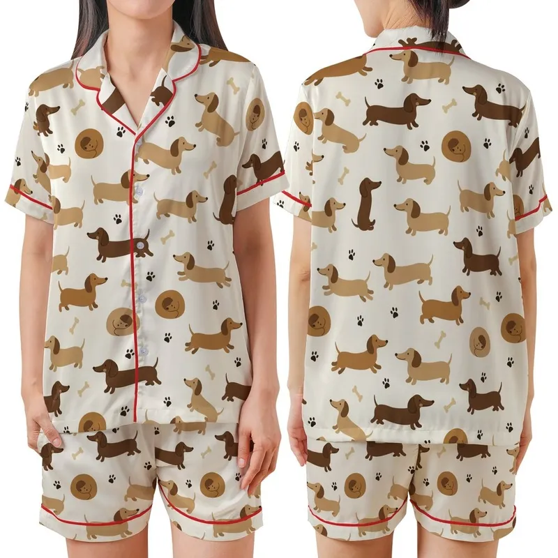 Dachshund Lover's Playful Hand-Drawn Sausage Dog Pattern Satin Short-Sleeve Pajamas Set - 1