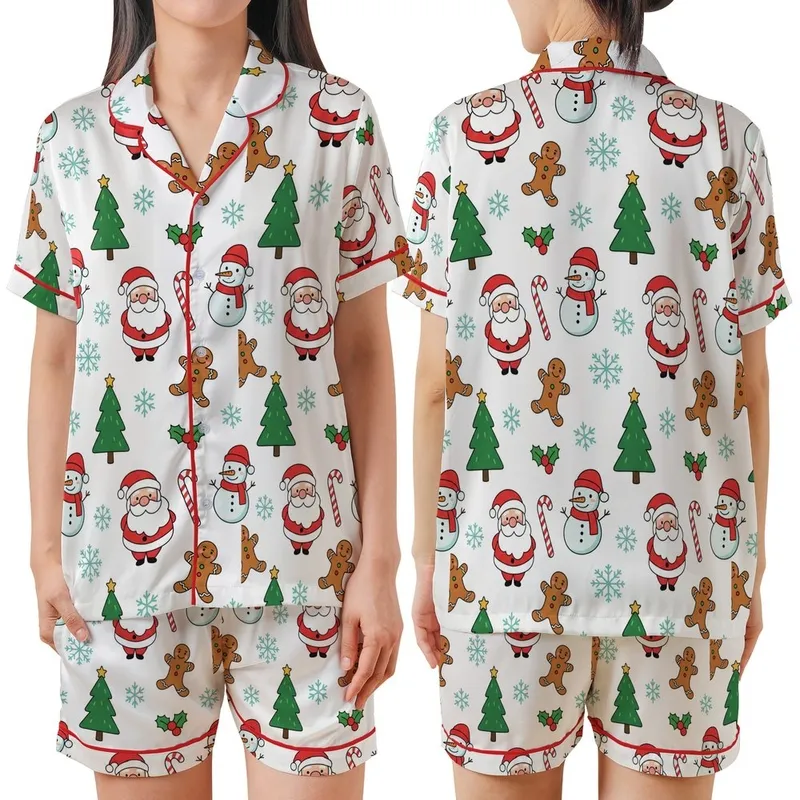 Festive Family Cheerful Santa Snowman Gingerbread Tree Candy Cane Custom Holiday Design Satin Short-Sleeve Pajamas Set - 5ibPUU1FQd