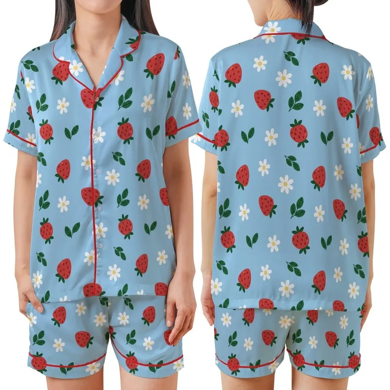 Cheerful Scattered Red Strawberries & White Daisies - Pastel Blue Everyday Wearable Satin Short-Sleeve Pajamas Set - 1