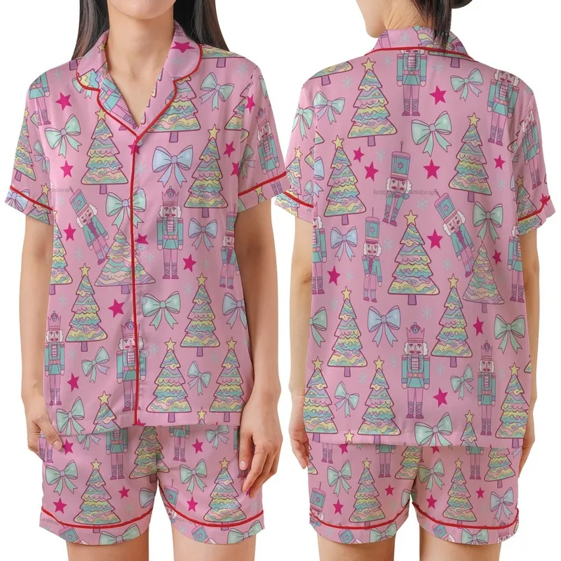 Whimsical Christmas: Bubblegum Pink Nutcracker Soldier & Festive Tree All-Over Pattern Satin Short-Sleeve Pajamas Set - 1
