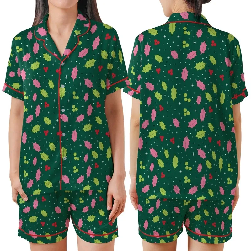 Holiday Cheer: Vibrant Pink Lime Holly Berry Star Deep Green Loungewear Satin Short-Sleeve Pajamas Set - nTDJqzBK3m
