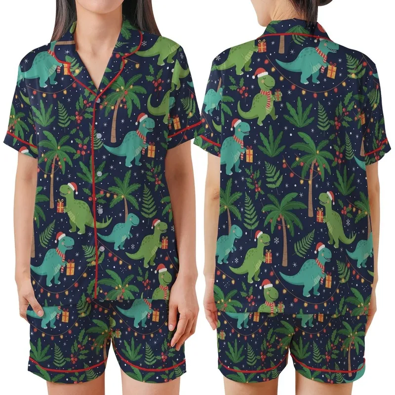 Whimsical Dinosaur Christmas: Festive Navy Jungle Scene with Santa Hats & Snowflakes Satin Short-Sleeve Pajamas Set - 1