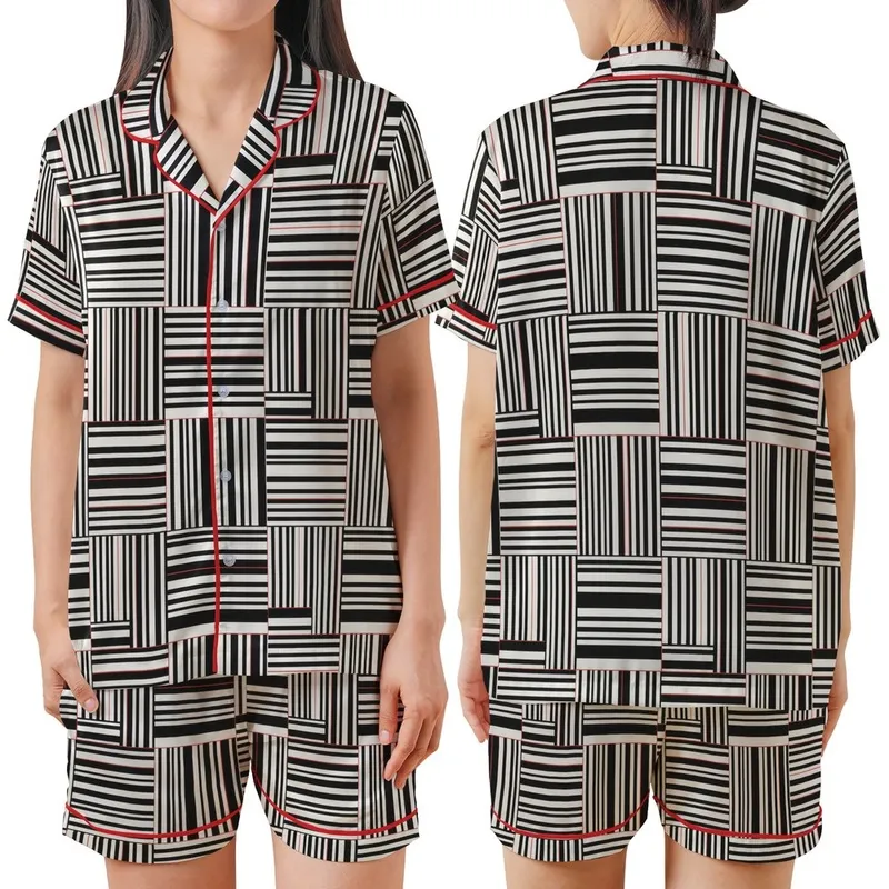 Modern Geometric Grid: Sharp-Edged Abstract Black White Coral Stripes – Minimalist Wearable Art Satin Short-Sleeve Pajamas Set - 1