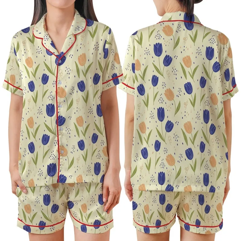 Botanical Dream: Hand-Drawn Blue-Violet Peach Tulip & Olive Green Foliage Design Satin Short-Sleeve Pajamas Set - vTUQGwjWW5