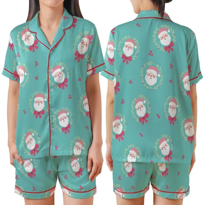 Whimsical Santa Faces: Aqua Teal Wreaths & Hot Pink Bows – Playful Holiday Fun Satin Short-Sleeve Pajamas Set - 1