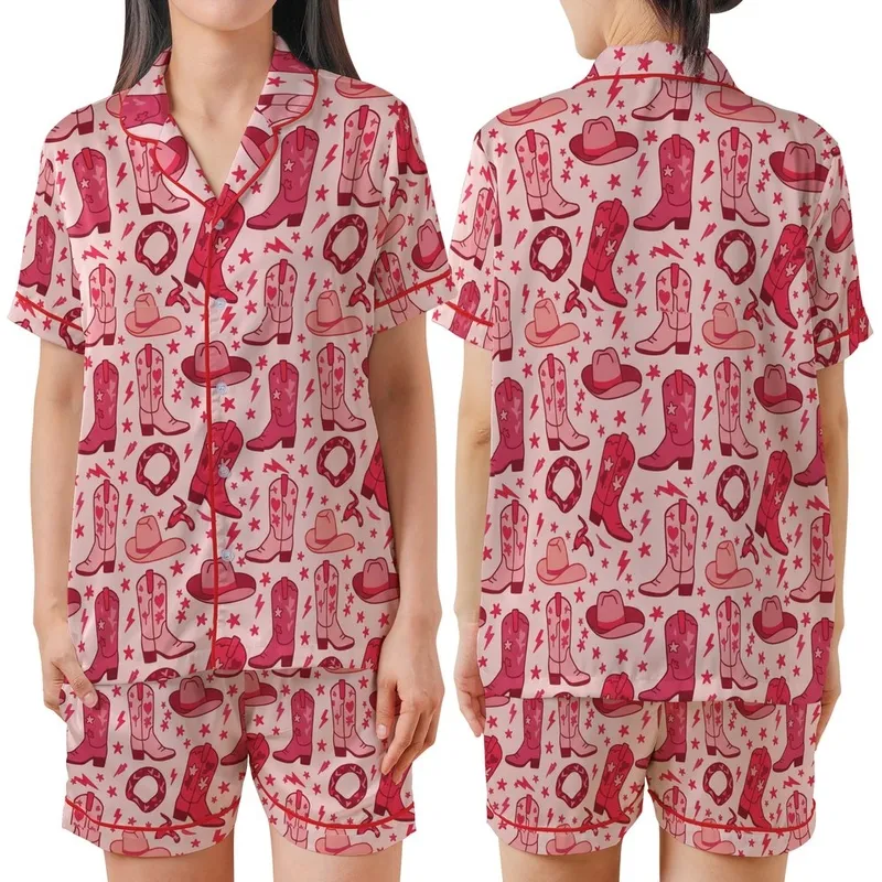 Cowgirl Heart Blush Cowboy Boot Snake Star All-Over Pattern Satin Short-Sleeve Pajamas Set - 1