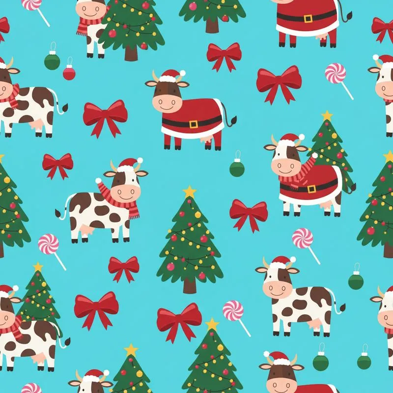 Whimsical Christmas Cows in Santa Hats, Red Bows, Lollipops, Decorated Trees on Cyan Holiday Motif Satin Short-Sleeve Pajamas Set - 1