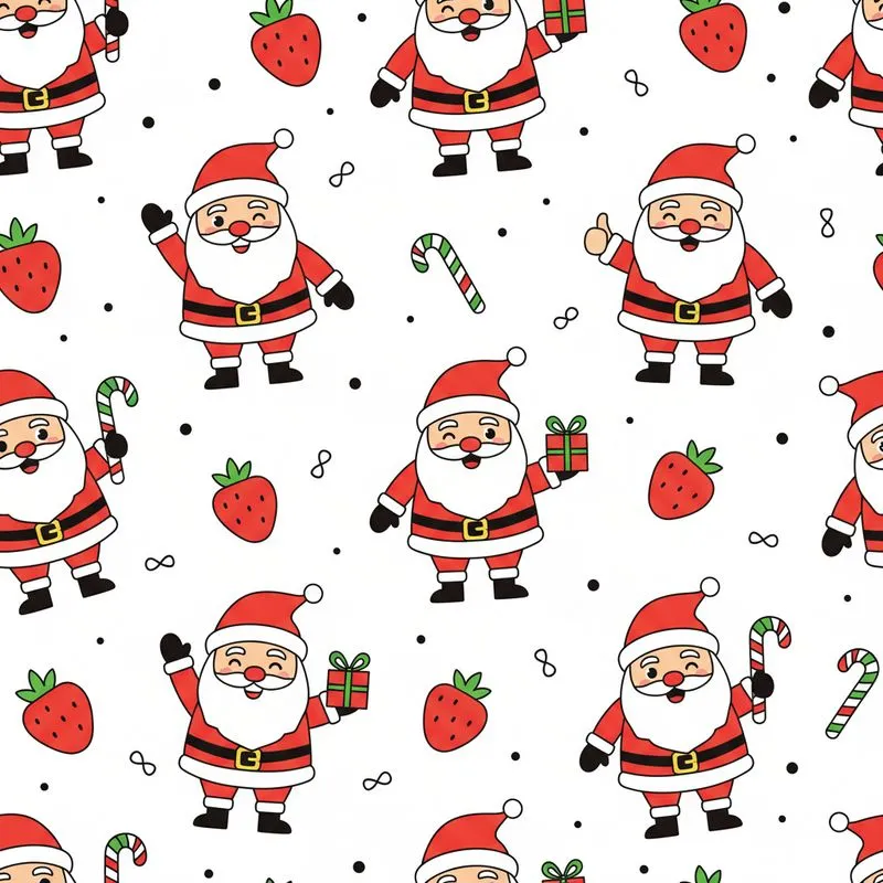 Christmas Joy Seeker: Waving Santa, Strawberry & Candy Cane Dots Pattern Festive Design Satin Short-Sleeve Pajamas Set - 1