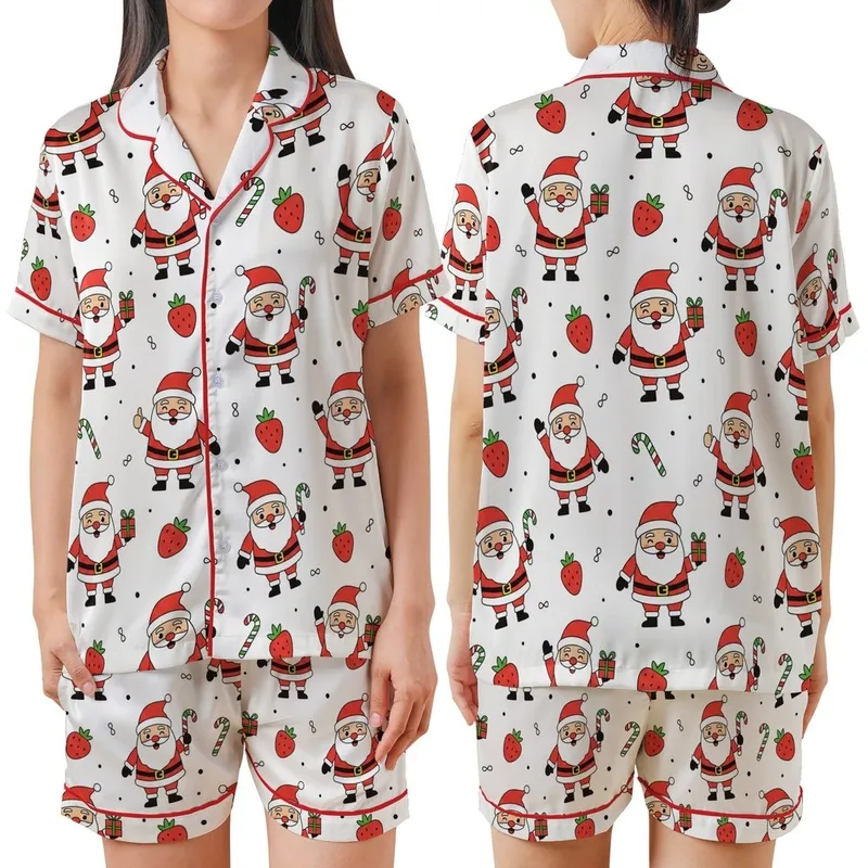 Christmas Joy Seeker: Waving Santa, Strawberry & Candy Cane Dots Pattern Festive Design Satin Short-Sleeve Pajamas Set - 1