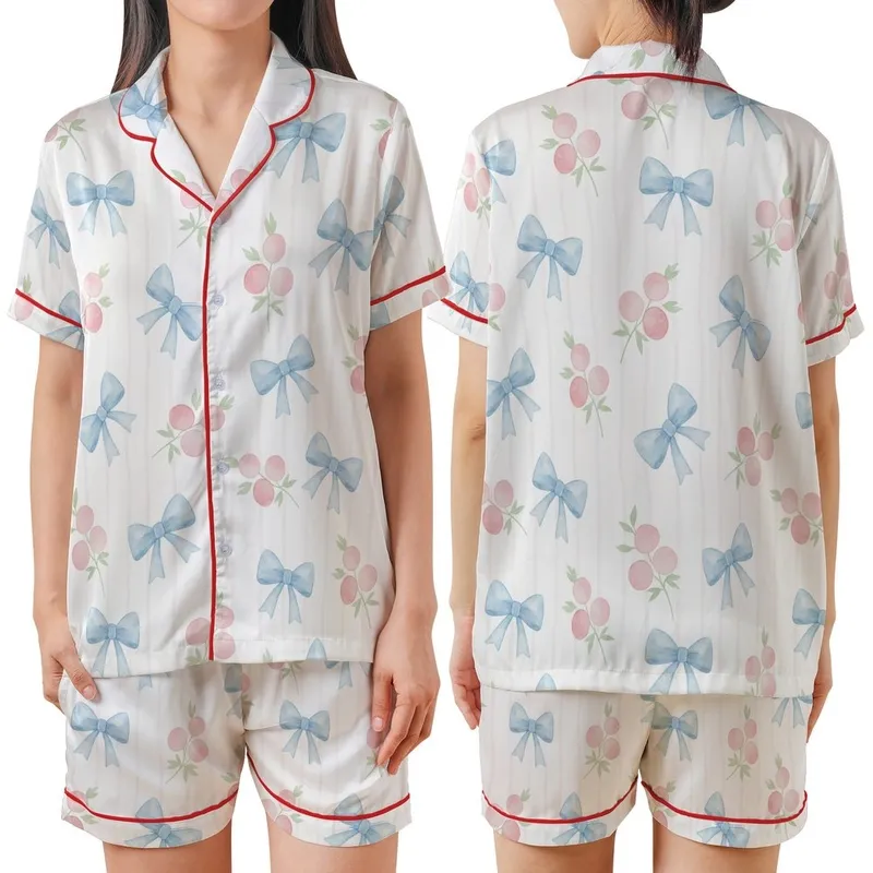 Ethereal Dreamer's Delicate Baby Blue Bows Pink Flowers Watercolor Relaxed Top Satin Short-Sleeve Pajamas Set - kE31DSbJ3W