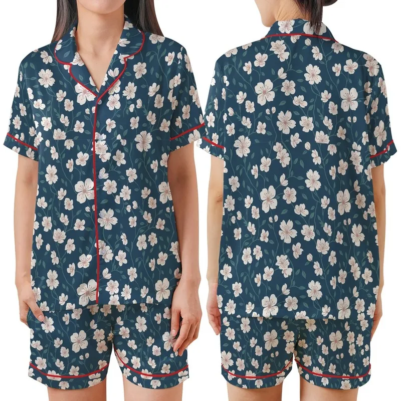 Elegant Botanical: Delicate White & Blush Pink Blossoms on Deep Petrol Blue Wearable Art Satin Short-Sleeve Pajamas Set - oq7GIMxIRz