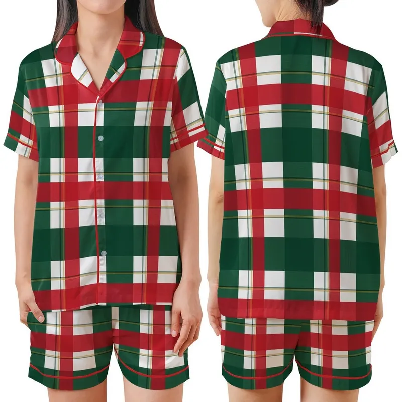 Bold Statement: Vibrant Red Green White Geometric Tartan Plaid Design Satin Short-Sleeve Pajamas Set - MnX9mfiMRa
