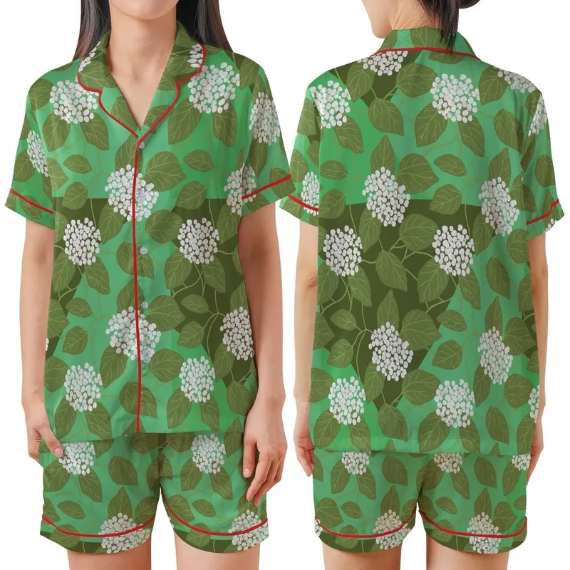 Nature Enthusiast's Vintage Botanical Branches Emerald Olive Green Hydrangea Textile Art Satin Short-Sleeve Pajamas Set - 1