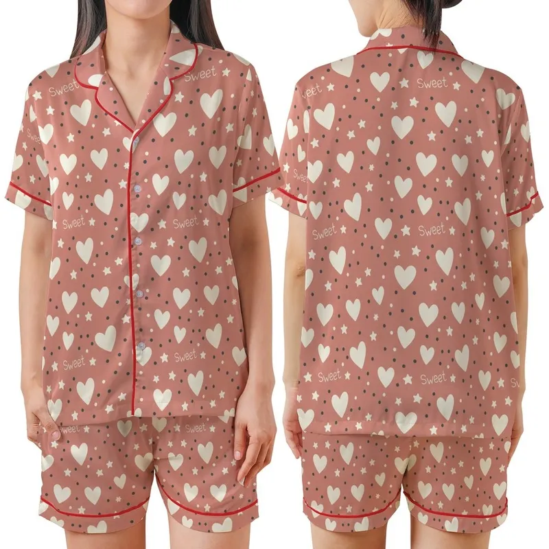 Sweet Dreams Muted Salmon Pink Hearts, Stars & Dots: Hand-Drawn 'Sweet' Script Loungewear Satin Short-Sleeve Pajamas Set - 1