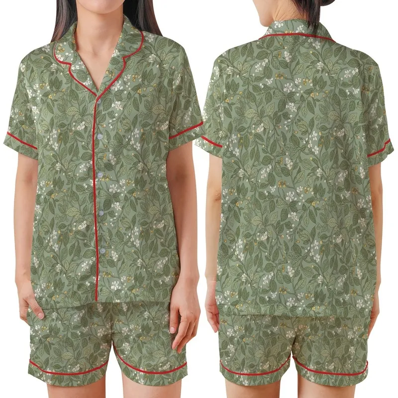 Nature Lover's Vintage Botanical Etching: Muted Sage Foliage Berries Garment Satin Short-Sleeve Pajamas Set - TevMgP9oBn